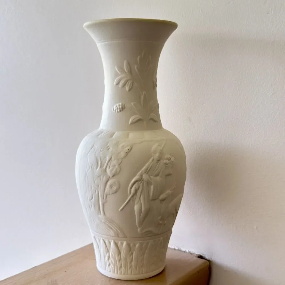 Vintage Handmade Unglazed Posy Vase Hand Carved Pottery Off White10 Inches